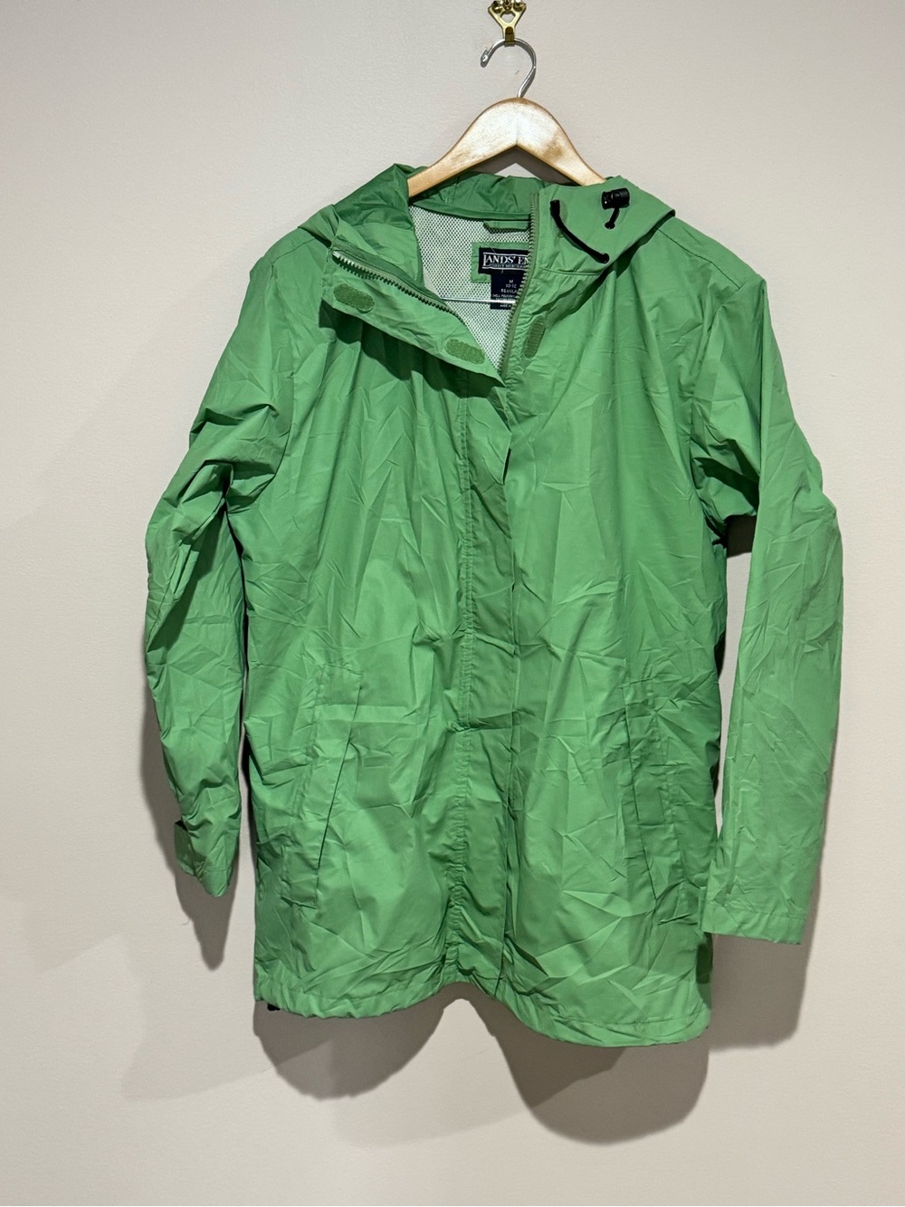 Lands’ End Women’s M 10-12 Regular green Hooded Rain Coat Fleece Lined Jacket